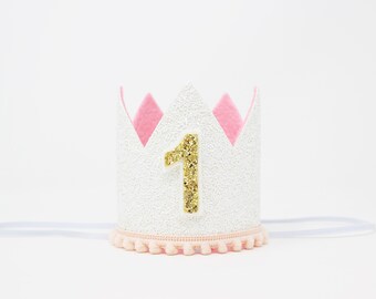 1st Birthday Girl Crown | White Glitter Crown + Choose Color + Yellow Gold Number