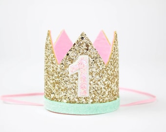 First Birthday Crown | 1st Birthday Crown | 1st Birthday Girl | First Birthday Outfit Girl | Gold Glitter Crown + Baby Pink + Mint Details