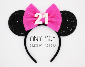 Birthday Mouse Ears Headband | Black Sequin Ears + Choose Bow & Age
