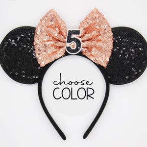 5th Birthday Mouse Ears | Third Birthday Rose Gold Mouse Ears Headband | 5th Birthday Ears | Choose Age + Bow Color