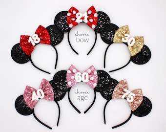 Birthday Mouse Ears Headband | Black Sequin Ears + Choose Bow & Age