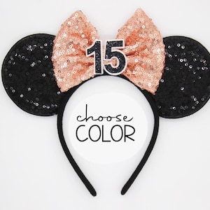 15th Birthday Mouse Ears Headband | 15 Years Mouse Ears with Sequin Bow Headband | Mouse Birthday Ears | Choose Bow Color + Age