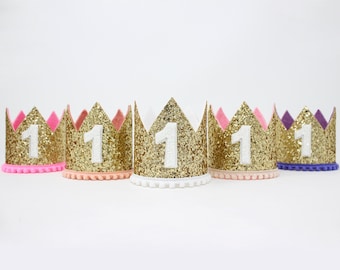 1st Birthday Girl Crown | Pale Gold Glitter Crown + Choose Color + White Glitter Number