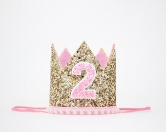 2nd Birthday Crown | 2nd Birthday Hat | 2nd Birthday Girl Outfit | 2nd Birthday Party Hat Crown | Pale Gold Baby Pink
