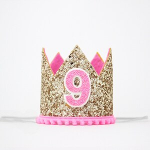 9th Birthday Crown | 9th Birthday Girl Outfit | 9th Birthday Hat | Pale Gold Glitter + Hot Pink Pom Trim/Lining + Hot Pink Glitter Number