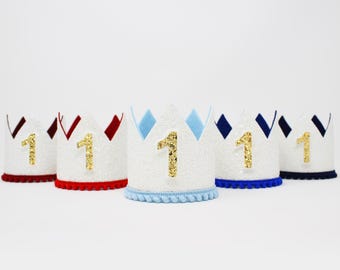 1st Birthday Boy Crown | White Glitter Crown + Choose Color + Yellow Gold Glitter Number