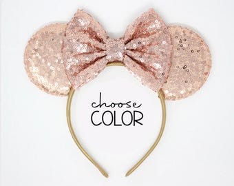 Rose Gold Mouse Ears Headband | All Age Mouse Ears with Sequin Bow | Choose Ear and Bow Color