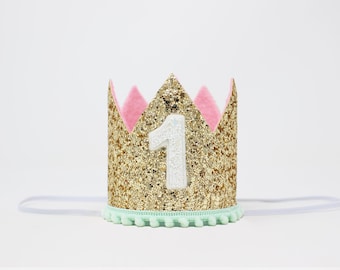 1st Birthday Girl Crown | Pale Gold Glitter Crown + Mint Pom Trim + Baby Pink Inner Lining + White Glitter Number