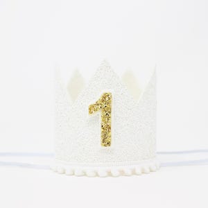 First Birthday Girl Crown | 1st Birthday Girl Cake Smash Crown | White Glitter Crown + Choose Color + Yellow Gold Glitter 1