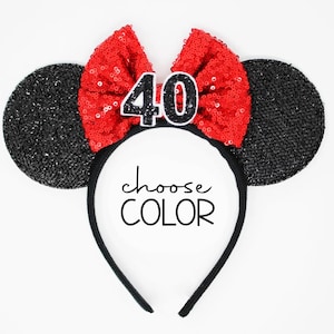 40th Birthday Rose Gold Mouse Ears | Black Sequin 40 Birthday Mouse Ears | Choose Bow Color + Age