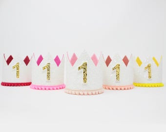 1st Birthday Girl Crown | White Glitter Crown + Choose Color + Yellow Gold Glitter Number