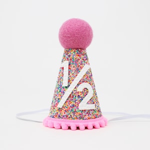 Sprinkles Half Birthday Girl Party Hat | Confetti 1/2 Birthday Hat | Mosaic Glitter Hat + Choose Color + White Faux Leather &quot;1/2&quot;