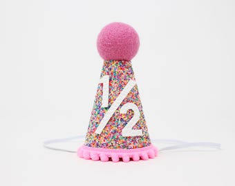 Half Birthday Girl Party Hat | Confetti Glitter Hat + Choose Color + White Glitter "1/2"