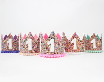 1st Birthday Girl Crown | Confetti Glitter Crown + Choose Color + White Glitter Number