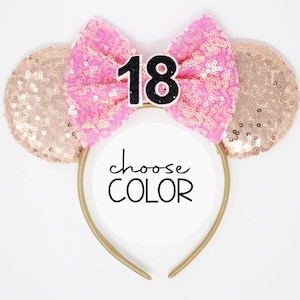 18th Birthday Mouse Ear Headband | Rose Gold Mouse Ears | 18 Birthday Mouse Ears | Rose Gold Mouse Ears | Choose Age + Bow Color