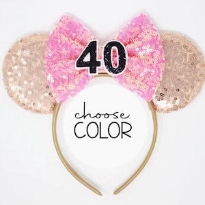 40th Birthday Rose Gold Mouse Ears | Black Sequin 40 Birthday Mouse Ears | Choose Bow Color + Age