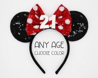 Birthday Mouse Ears Headband | Black Sequin Ears + Choose Bow & Age
