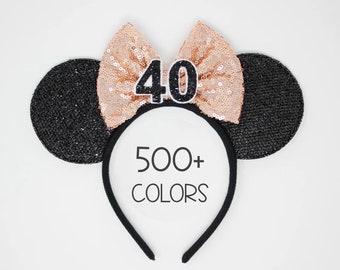 40th Birthday Mouse Headband | Rose Gold Mouse Ears | 40th Birthday Mouse Ears | Rose Gold Bow Ears | Choose Age + Bow Color