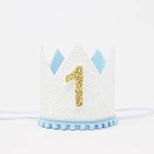 1st Birthday Boy Crown | First Birthday Crown | 1st Birthday Boy Cake Smash Crown | White Glitter Crown + Baby Blue Trim + Yellow Gold 1