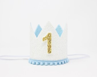 1st Birthday Boy Crown | White Glitter Crown + Baby Blue Trim + Yellow Gold "1"