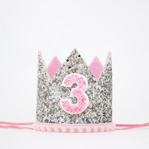 3rd Birthday Crown | 3rd Birthday Hat | 3rd Birthday Girl Outfit | 3rd Birthday Party Hat Crown | Silver Baby Pink