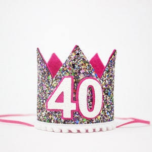 40th Birthday Crown | 40th Birthday Hat | Kaleidoscope Glitter Crown + Magenta Lining + White Pom Trim + White Glitter Number