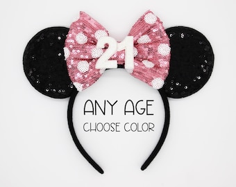 Birthday Mouse Ears Headband | Black Sequin Ears + Choose Bow & Age
