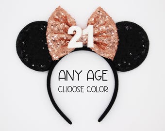 Birthday Mouse Ears Headband | Black Sequin Ears + Choose Bow & Age