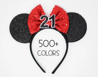 21st Birthday Mouse Headband | Mouse Birthday Ears | 21 Birthday Mouse Ears | Birthday Ear Headband | Choose Age + Bow Color