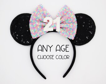 Birthday Mouse Ears Headband | Black Sequin Ears + Choose Bow & Age