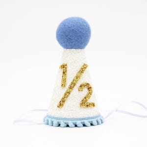 Half Birthday Boy Party Hat | 1/2 Birthday Hat + Optional Bow Tie | White Glitter Hat + Baby Blue Trim + Light Pool Top + Yellow Gold 1/2