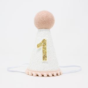 First Birthday Girl Party Hat | 1st Birthday Cake Smash | White Glitter Hat + Baby Pink Pom Trim/Top + Yellow Gold Glitter Number