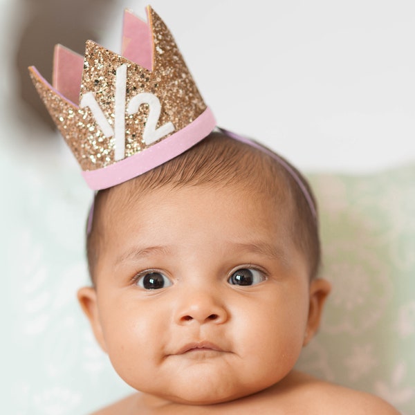 1/2 Birthday Crown | Half Birthday Outfit Girl | Half Birthday Girl | Half Birthday Glitter Hat | Gold Glitter Crown + Baby Pink Details