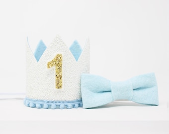 1st Birthday Boy Crown | White Glitter Crown + Baby Blue Trim + Yellow Gold "1"
