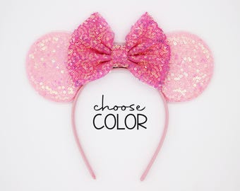 Candy Pink Sequin Mouse Ears Headband | Pastel Light Pink Sequin Ears + Choose Bow Color