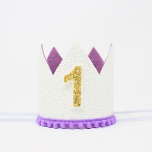 First Birthday Girl Crown | 1st Birthday Girl Cake Smash Crown | White Glitter Crown + Choose Color + Yellow Gold Glitter 1
