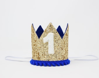 1st Birthday Boy Crown | Pale Gold Glitter Crown + Royal Blue Trim + White Leather Number "1"