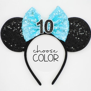 10th Birthday Mouse Ears Headband | 10 Years Mouse Ears with Sequin Bow Headband | Mouse Birthday Ears | Choose Bow Color + Age