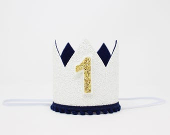1st Birthday Boy Crown | White Glitter Crown + Navy Blue Trim + Yellow Gold "1"