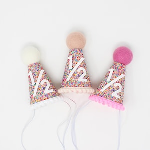 Sprinkles Half Birthday Girl Party Hat | Confetti 1/2 Birthday Hat | Mosaic Glitter Hat + Choose Color + White Faux Leather &quot;1/2&quot;