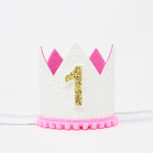 First Birthday Girl Crown | 1st Birthday Girl Cake Smash Crown | White Glitter Crown + Choose Color + Yellow Gold Glitter 1
