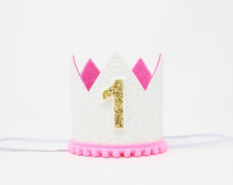 1st Birthday Girl Crown | White Glitter Crown + Choose Color + Yellow Gold Number