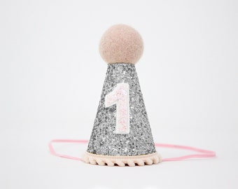 First Birthday Hat | 1st Birthday Hat | 1st Birthday Girl Outfit | First Birthday Outfit Girl | Silver Glitter Hat + Baby Pink Details