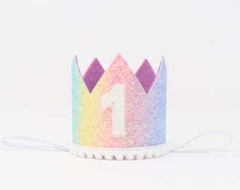 1st Birthday Girl Crown | Pastel Rainbow Glitter Crown + White Pom Trim + Choose Inner Lining Color + White Glitter Number