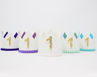 1st Birthday Girl Crown | White Glitter Crown + Choose Color + Yellow Gold Glitter Number