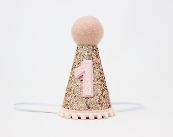1st Birthday Girl Party Hat | Rose Gold Glitter Hat + Baby Pink Pom Trim/Top + Baby Pink Glitter #