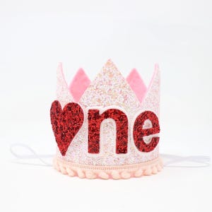 Valentine First Birthday Crown | 1st Birthday Crown Valentine&#39;s Day 1st Birthday Girl Outfit | Baby Pink Glitter Crown + Red Heart ONE