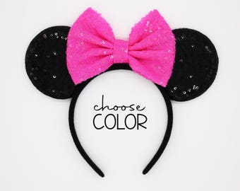 Black Sequin Mouse Ears Headband | Black Sequin Ears + Choose Bow Color