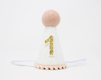 1st Birthday Girl Party Hat | White Glitter Hat + Choose Color + Yellow Gold Glitter "1"