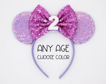 Birthday Mouse Ears | Candy Lilac Sequin Ears + Choose Bow Color + Choose Age